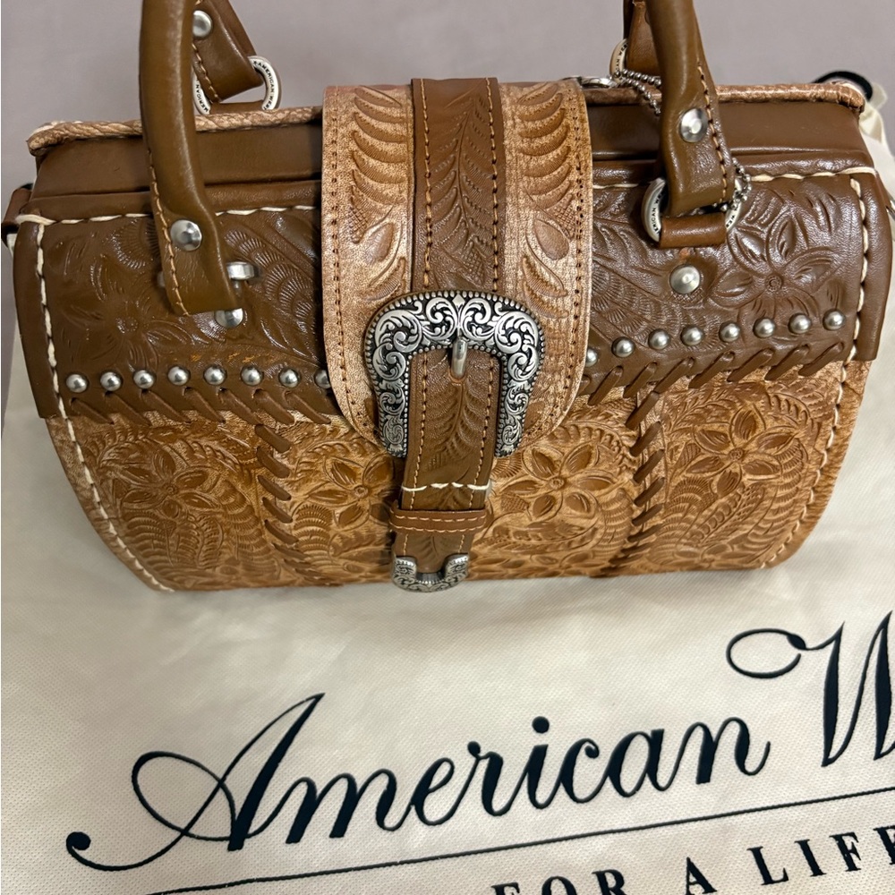 American West Tan and Brown Embossed Leather Shoulder Bag